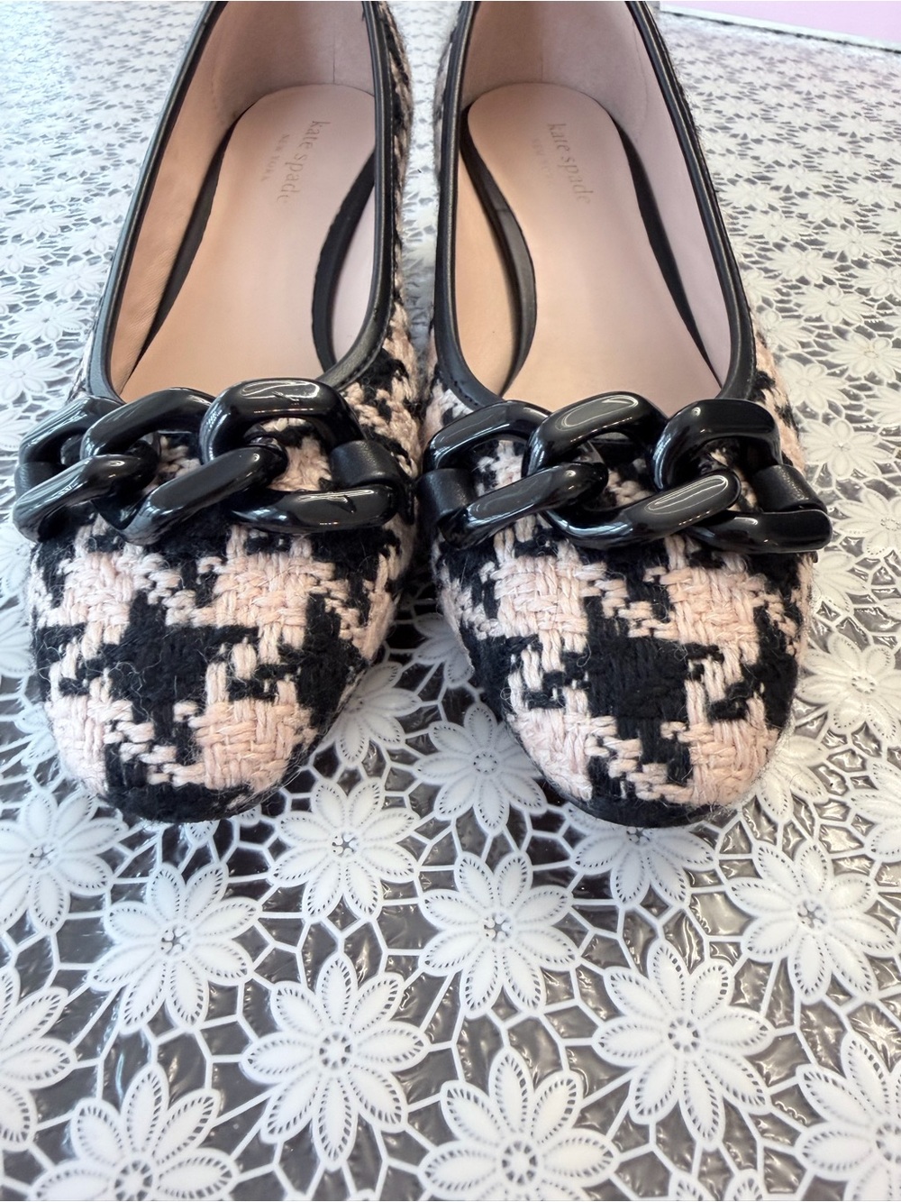 kate spade Pink and Black Tweed heels with Glossy Chain